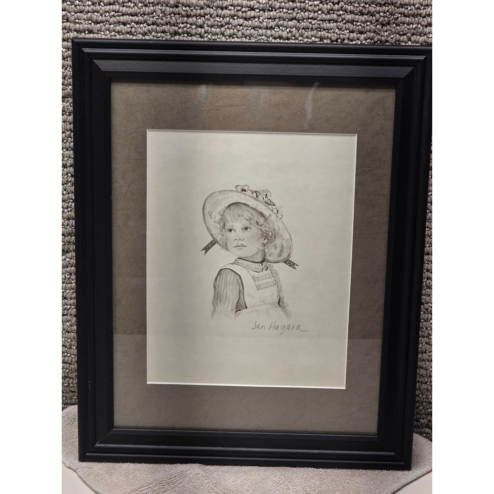 Jan Hagara Framed Pencil Sketch Print Victorian Girl Robin‎ Black Frame 12x15